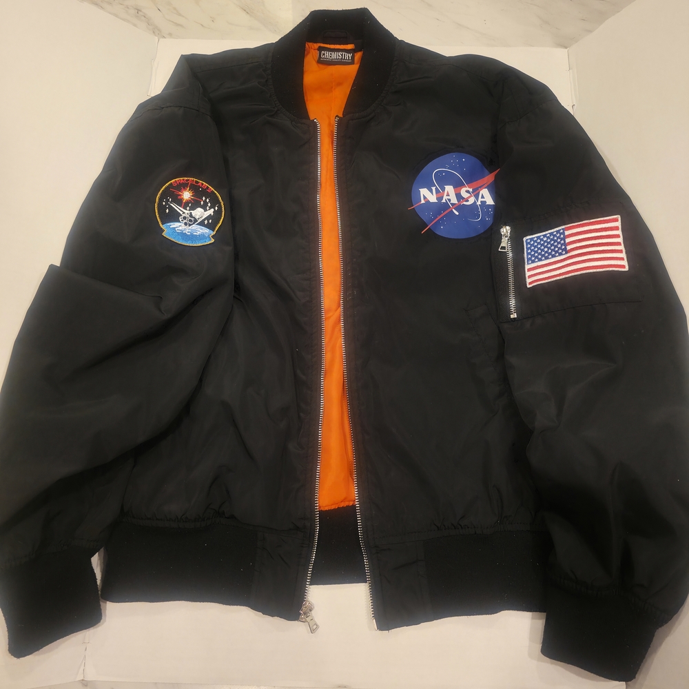Chemistry Black Bomber Jacket with Orange Lining and NASA Patches